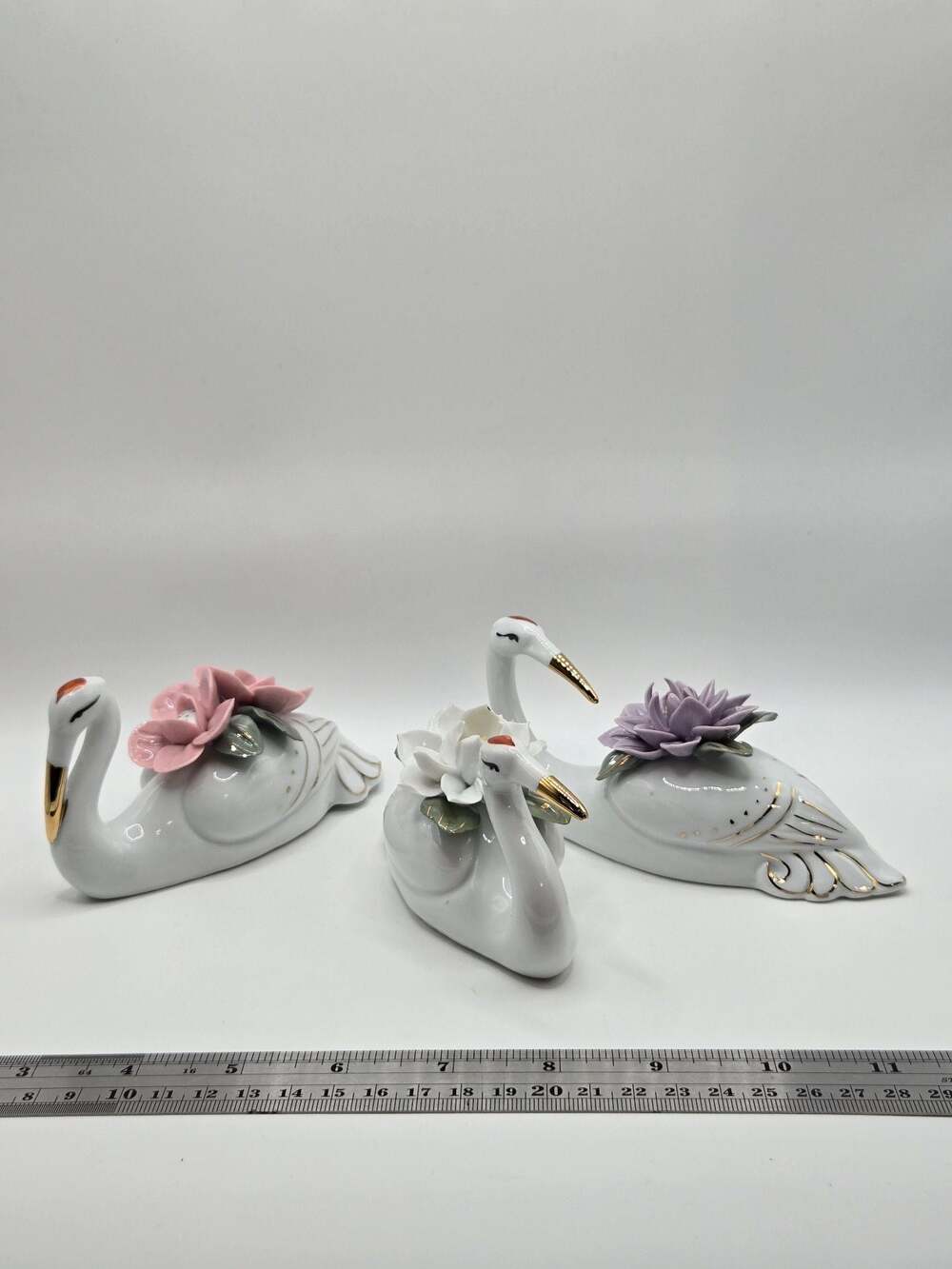 Vintage Ceramic Swan Figurines with Applied Porcelain Floral Motifs (Set of 3)